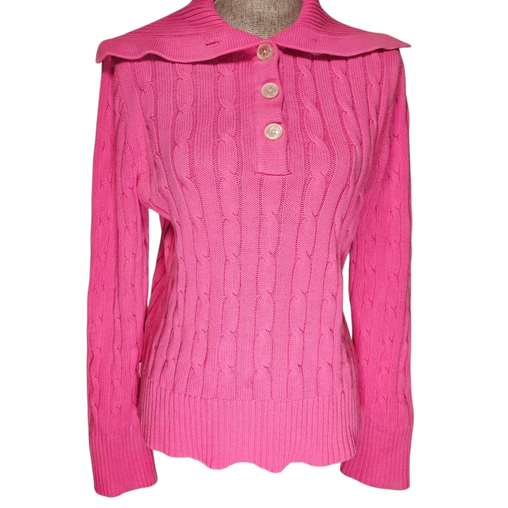 Cable-Knit 100% Cotton Sweater Size Large Pink Coastal Grandma Preppy Fisherman